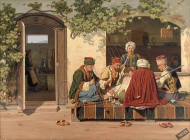 دانلود طرح تابلو مهمانی از شطرنج بازان در خارج از یک قهوه خانه ترکیه و آرایشگاه martinus rorbye 1845