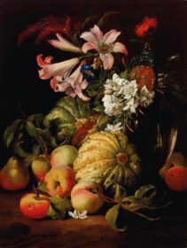 نقاشی کلاسیک نیلوفرها و گل های دیگر در یک گلدان شیشه ای با هلو