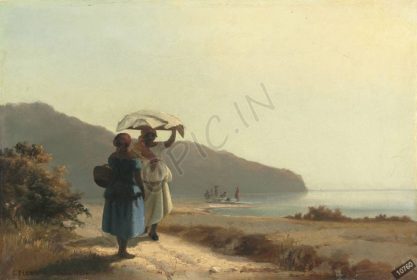 دانلود طرح تابلو دو زن در حال گپ زدن در کنار دریا ، خیابان توماس camille pissarro 1856