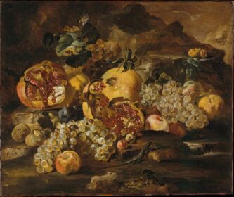 نقاشی کلاسیک انار و سایر میوه ها در یک منظره