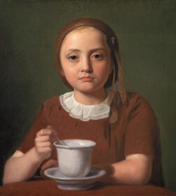 نقاشی کلاسیک پرتره یک دختر کوچولو، الیز کوبکه، با یک فنجان در مقابل او 1850