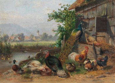 نقاشی کلاسیک مرغ در برکه، در پس زمینه یک روستا
