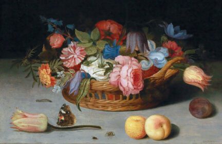 نقاشی کلاسیک گل رز، لاله، زنبق و گل های دیگر در یک حصیری