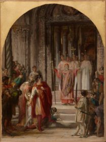 نقاشی کلاسیک Saint Ambroise interdit l’entrée du lieu saint à l’empereur Théodose, coupable du meurtre des habitants d’Antioche