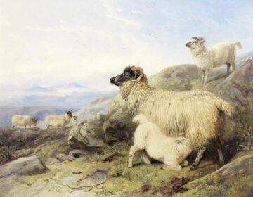 نقاشی کلاسیک گوسفند در دامنه کوه 1856