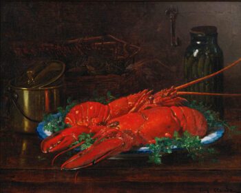 نقاشی کلاسیک زندگی بی جان یک خرچنگ با دیگ مسی روی لبه