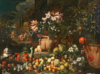 نقاشی کلاسیک طبیعت بی جان گل ها با میوه ها، پوتی و حیوانات