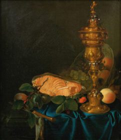 نقاشی کلاسیک طبیعت بی جان با فنجان، ماهی قزل آلا و میوه ها 1755