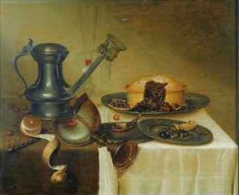 نقاشی کلاسیک زندگی بی جان با یک پارچ، یک لیمو، یک پای و یک ناتیلوس