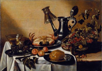 نقاشی کلاسیک زندگی بی جان با خرچنگ و میوه