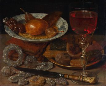 نقاشی کلاسیک زندگی بی جان با میوه و گوشت شیرین حدودا