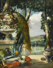 نقاشی کلاسیک طبیعت بی جان با طاووس، گل، میوه و گلدان ژاپنی،