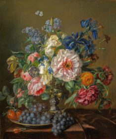 نقاشی کلاسیک طبیعت بی جان با گل صد تومانی، گل رز، گل لاله و راننکولوس