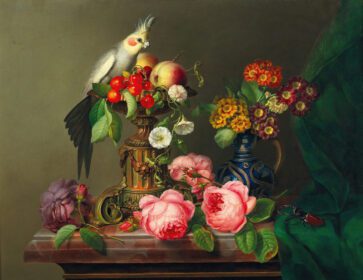 نقاشی کلاسیک طبیعت بی جان با گل رز، میوه، کاکائو و سوسک گوزن 1850