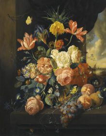 نقاشی کلاسیک طبیعت بی جان با لاله، گل رز و میوه