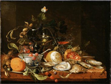 نقاشی کلاسیک طبیعت بی جان با شراب، میوه و صدف