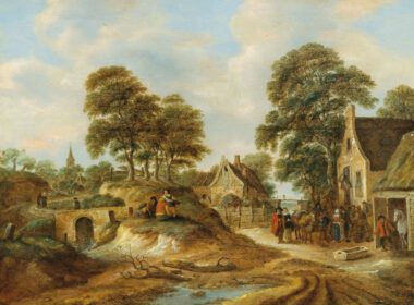 نقاشی کلاسیک مسافران و دهقانان در مقابل یک مسافرخانه