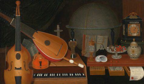 نقاشی کلاسیک Vanitas Still Life با آلات موسیقی، یک گلوب و
