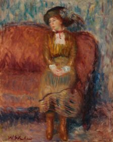 نقاشی کلاسیک زن نشسته روی مبل قرمز ج