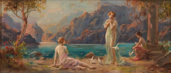 نقاشی کلاسیک زنان در کنار دریاچه
