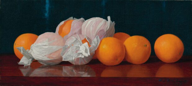 نقاشی کلاسیک پرتقال پیچیده روی میز