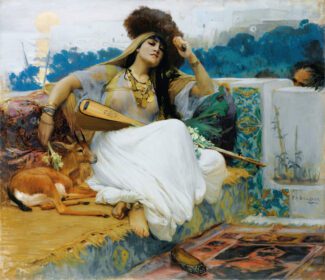 نقاشی کلاسیک زن جوان در تراس