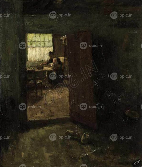 دانلود طرح تابلو gezicht in een binnenhuis met boerin en kind jacob simon hendrik kever 1880
