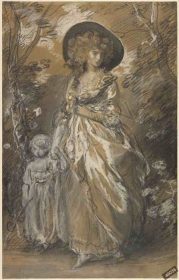 دانلود طرح تابلو یک خانم در حال قدم زدن در یک باغ با یک کودک Thoma Gainsborough 1785