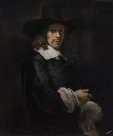 دانلود طرح تابلو پرتره یک آقا با کلاه بلند و دستکش Rembrandt van Rijn 1660