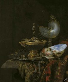 دانلود طرح تابلو هنوز هم زندگی با کاسه هولبی کاسه گلدان ناتیلوس و ظرف میوه ای willem kalf 1678
