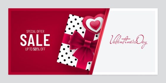 دانلود طرح بنر دعوت نامه برش کاغذی فروش روز ولنتاین با درج جعبه کادو و قلب شکل افقی آگهی تبلیغاتی طرح پوستر بیلبورد برای روز ولنتاین
