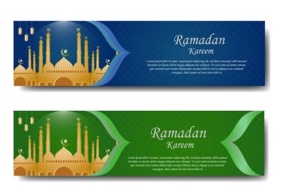 دانلود ست بنر تبریک ماه مبارک رمضان با شکل مسجد و پس زمینه زیور اسلامی