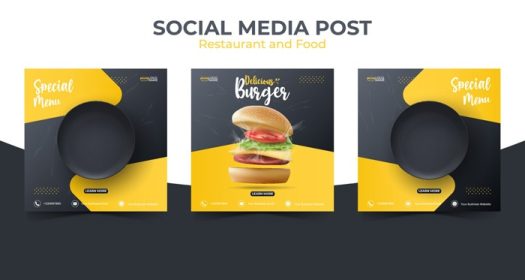 دانلود قالب بازاریابی رسانه های اجتماعی غذا یا آشپزی پست مربع مربعی قابل ویرایش برای وکتور تصویرسازی تبلیغاتی با برگر واقعی و بشقاب سیاه