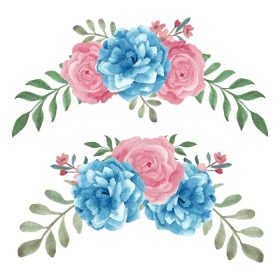 دانلود وکتور دسته گل به سبک آبرنگ با چیدمان منحنی رز آبی و صورتی جدا شده بر روی پس زمینه سفید