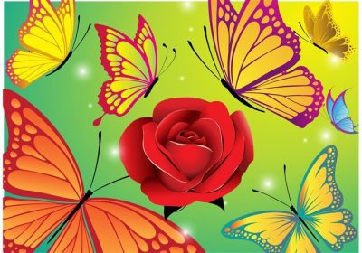 دانلود وکتور گل زیبا و وکتور پروانه پس زمینه گل رز قرمز روی این پس زمینه گل کاملا با پروانه های درخشان مطابقت دارد