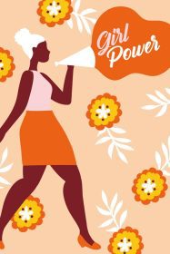 دانلود وکتور پوستر قدرت دختر با زن آفریقایی با مگافون و گل