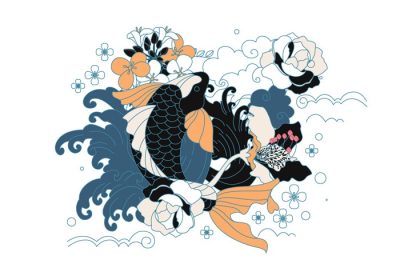 دانلود وکتور خالکوبی ژاپنی ماهی کوی در حال شنا در برکه با گل در اطراف