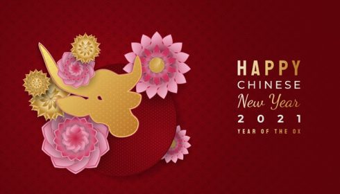 دانلود وکتور بنر سال نو چینی سال نو گاو مبارک با گاو طلایی و تزئینات گل رنگارنگ در پس زمینه قرمز