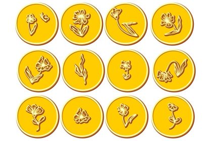 دانلود وکتور مجموعه ابله سکه های طلایی با گل و برگ