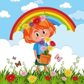 دانلود وکتور دختر شاد که گلدان گل را در باغ نگه می دارد