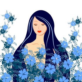دانلود وکتور تصویر تابستانی کشیده شده دختر جوان با موهای بلند به رنگ آبی