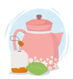 دانلود وکتور چای زمان کتری با گل و چای کیسه ای نوشیدنی گیاهی برگ