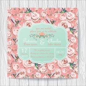 دانلود وکتور کارت دعوت عروسی با گل های رز صورتی و قالب های مرغ مگس خوار استایل شیرین وینتیج
