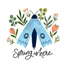 دانلود وکتور آبرنگ کاراکتر پروانه آبی با گل اطراف برای استفاده در پست پوستر یا بروشور در فصل بهار