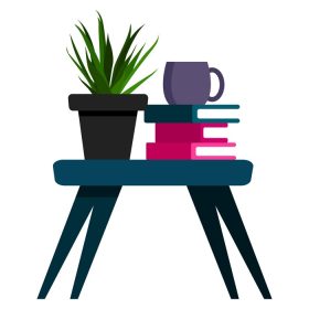 دانلود وکتور میز کوچک با پشته کتاب گیاه گلدانی و فنجان