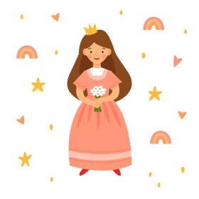 دانلود وکتور شاهزاده خانم ناز کوچولو در لباس صورتی با یک دسته گل
