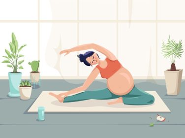 دانلود وکتور زن باردار برای ورزش در اتاقی با گل
