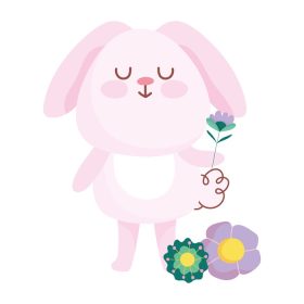 دانلود وکتور شاد عید پاک خرگوش صورتی با گل تزئین کارتونی تصویر وکتور