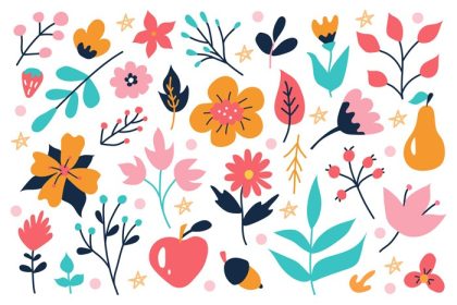 دانلود وکتور مجموعه ای درخشان از گیاهان و گل ها روی پس زمینه سفید با دست طراحی شده به سبک ابله وکتور دکور گل برای کارت پستال کارت دعوت برچسب