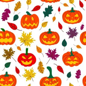 دانلود وکتور الگوی کدو تنبل بدون درز هالووین با برگ های افتاده روی پس زمینه سفید طرح برای هالووین و شکرگزاری تصویر برداری با دست کشیده شده وکتور